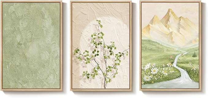Framed Sage Green Landscape 3 Piece Wall Art for Living Room, Neutral Beige Mountain Botanical Print Canvas Artwork for Walls, Modern Nordic Rustic Nature Wall Decor for Bedroom Home Office, 16x24 In