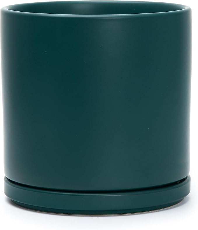 D'vine Dev 8 Inch Ceramic Planter Pot, Teal, 94-O-D-9 | Modern Cylinder Design, Drainage Hole & Saucer Included, Stable Structure, Elegant Home Accent