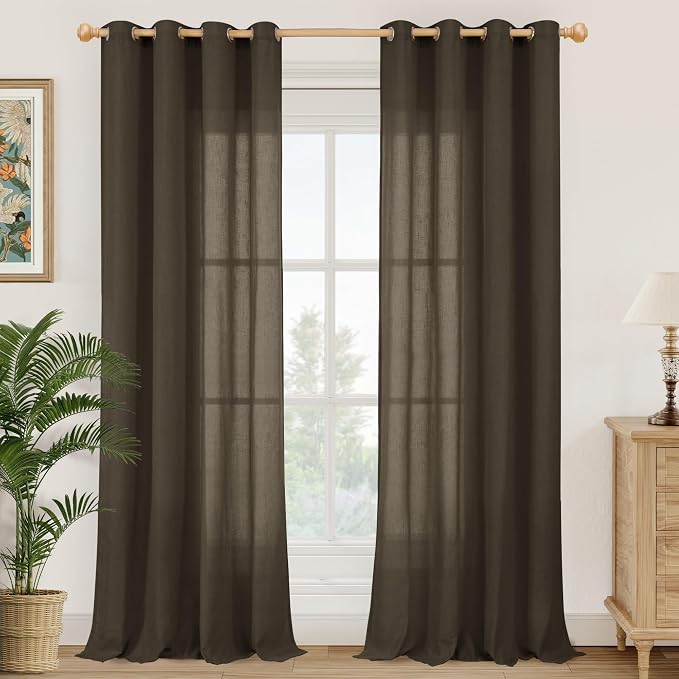 YoungsTex Extra Long Brown Linen Curtains 95 Inch Length for Living Room, Light Filtering Drapes Semi Sheer with Grommet Rustic for Dining Bedroom, 2 Panels, 52 X 95 Inch