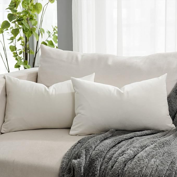 Cream White Decorative Lumbar Velvet Throw Pillow Covers 12x20 inch Set of 2 with Zipper Luxury Soft Solid Rectangle Cushion Covers Case for Sofa Couch Bed Living Room