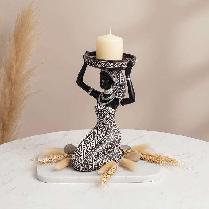African Lady Figurine Candle Holder with African Tribal Totem for Wedding, Holiday Decor-African Decorative Women Statues, Candlestick Holder for Home and Table Decor(753-Brown)