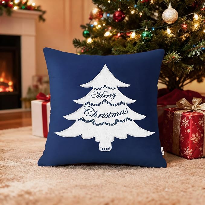 BRAWARM Christmas Pillow Cover 20 X 20 Inches, Navy Blue Christmas Tree Embroidered Pillow Cover, Soft Velvet Decorative Throw Pillow for Couch Bed Sofa Living Room Home