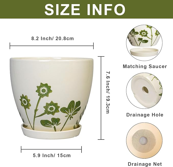 MPotTo 8.2 Inch Plant Pot - Ceramic Planter for Indoor Outdoor Flowers, Boho Round Decorative Indoor Flower Pot with Drainage Hole and Saucer, Gifts for Plant Lovers, Office Garden House Decor, White
