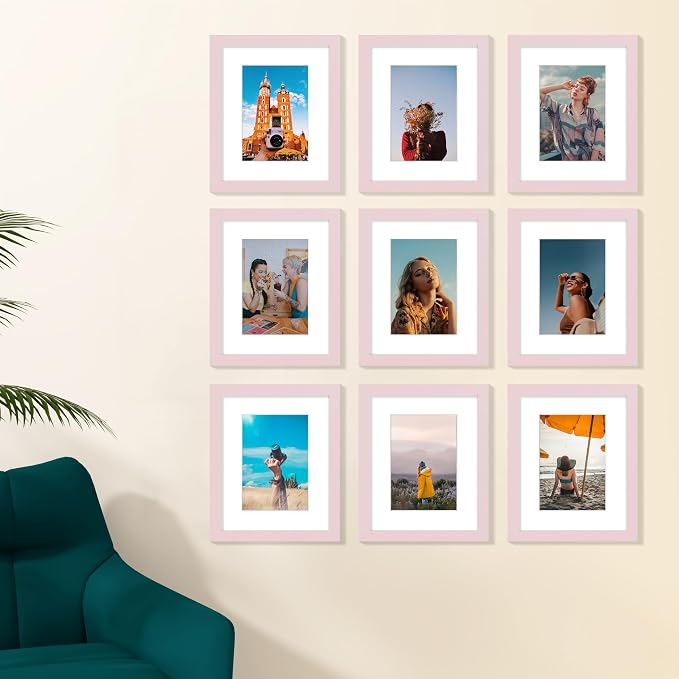 Vittanly 8x10 Picture Frames Set of 9 for Wall or Tabletop Display, Pink | Display Pictures 5x7 with Mat or 8x10 without Mat, Small Photo Frames, Engineered Wood with Shatter Resistant Plexiglass