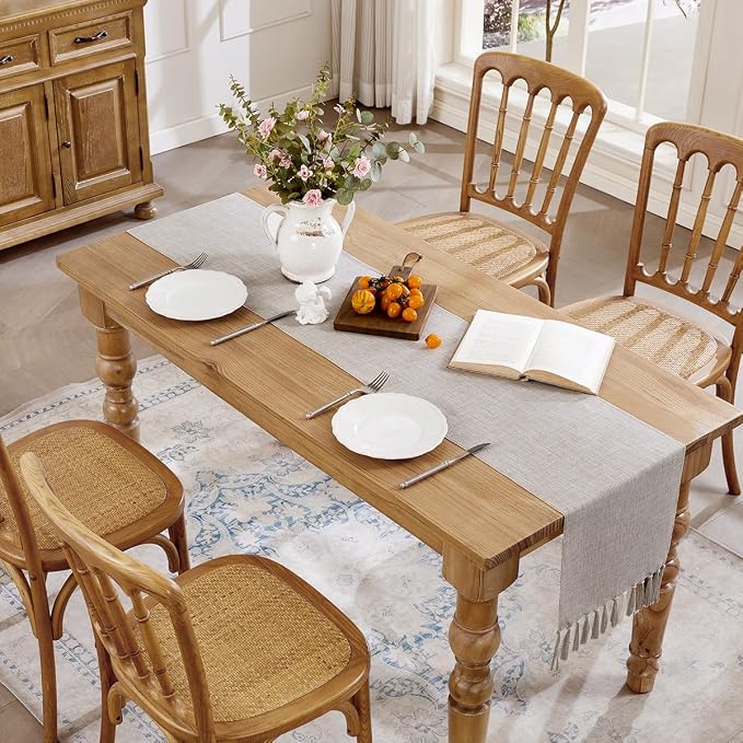 Cotton Linen Table Runner, 13x108 Inch Coffee with Hand Tassels | Linen Style Rustic Farmhouse Table Runners 108 Inches Long for Home Dresser Kitchen Dining Table Decor, Machine Wash