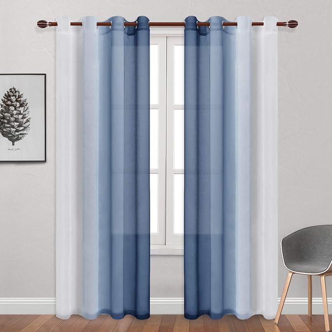 DWCN Blue Linen Ombre Sheer Curtains - Semi Voile Gradient Grommet Top Curtains for Bedroom and Living Room, Set of 2 Window Curtain Panels, 52 x 84 Inches Long, Denim Blue