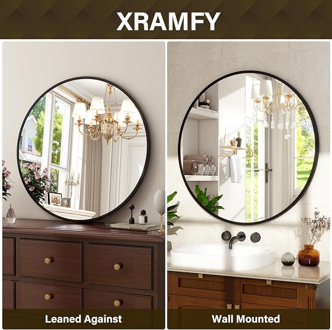 XRAMFY 24 Inch Round Mirror-Black Circle Mirrors for Bathroom, Entryway | Modern Hanging Vanity Mirror for Livingroom, Wall Decor, Bedroom, Matte Black Circle Decorative Wall Mirror