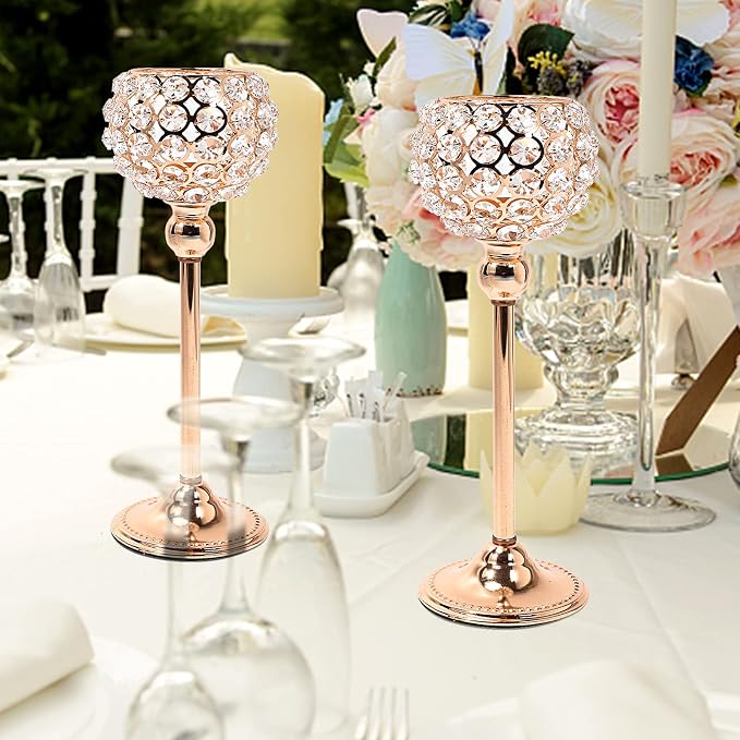 Gold Crystal Candle Holders Set of 2 Bling Tea Lights Candle Holder Dining Table Centerpiece Decor House Warming Gifts Christmas Table Decorations Dinner Table Decor (Gold, 2pcs 10")