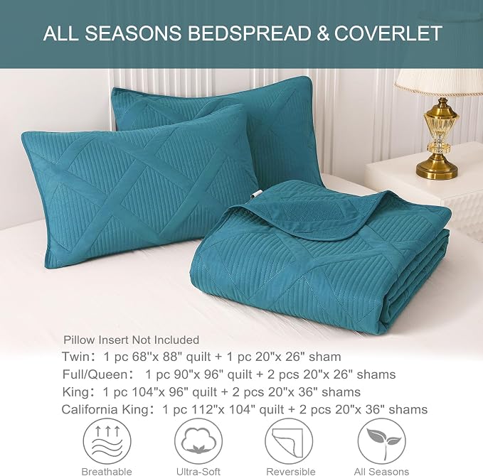 Exclusivo Mezcla Quilts Queen Size, Teal | Soft Bedspreads with 2 Pillow Shams, Modern Striped Pattern, Lightweight Bedding Set Coverlets for All Seasons, 90x96 Inch