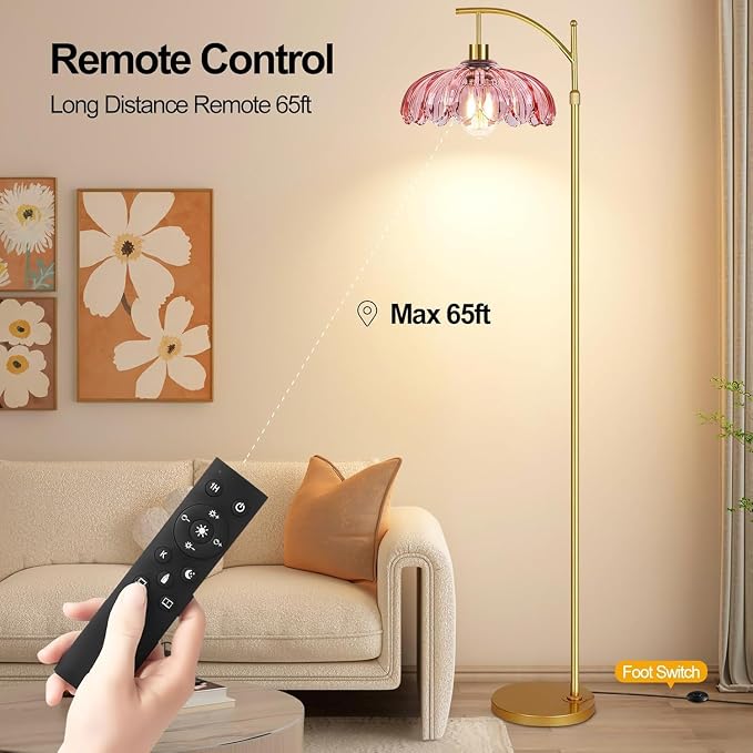 Gold Arc Floor Lamp for Living Room Bedroom,Mid Century Modern Standing Lamp with Remote,Dimmable Brass Tall Lamp Pink Flower Glass Lamp,Adjustable Vintage Floor Lamps Floor Light for Corner Office