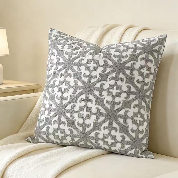 Slow Cow Embroidery Decorative Throw Pillow Cover Grey Kaleidoscope Design Pattern Cushion Cover 18 x 18 Inches