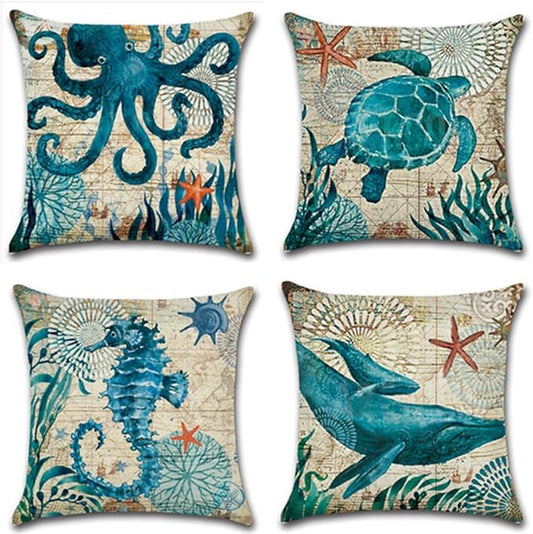 Mediterranean Style Throw Pillow Case Sea Theme Decorative Pillowcases Surtle Octopus Seahorse Whale Coastal Cushion Cover for18 X 18 Inch, 4Pack Nautical Pillow Covers for Summer Beach House Decor