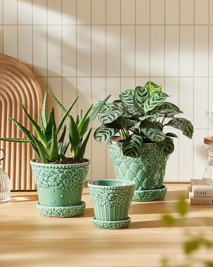 Metahom 4.9 Inch Ceramic Pots for Plants, Flower Pots Set of 4, Green Color