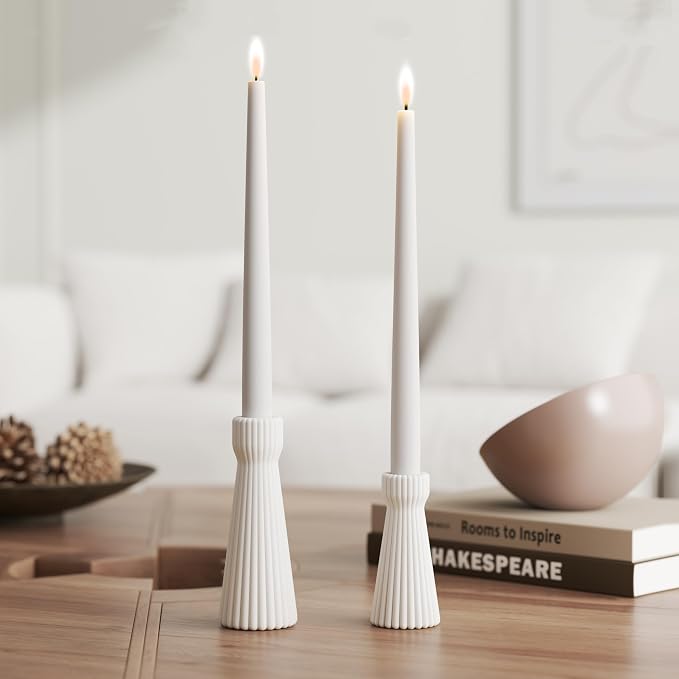 Taper Candle Holders Set of 2, White Ceramic Candlestick Holder Decor