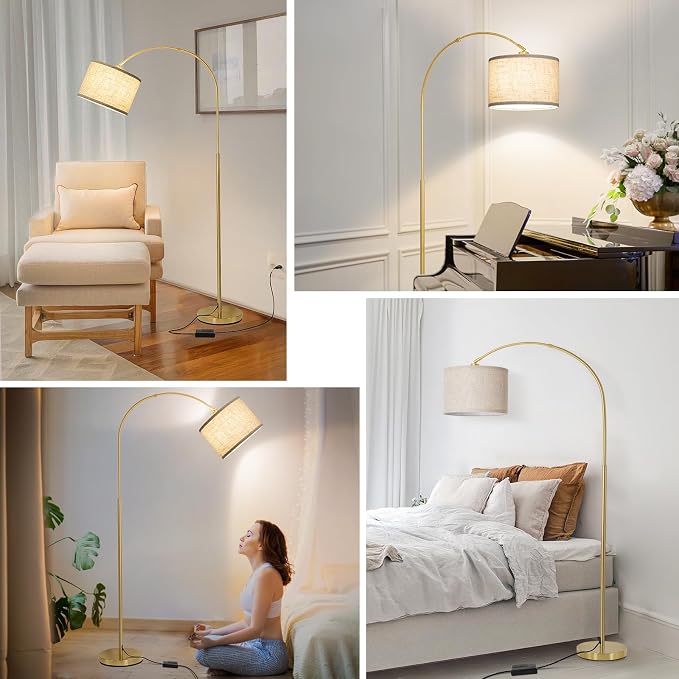 Gold Arc Floor Lamp with Dimmer, Dimmable Floor Lamp with Adjustable Head