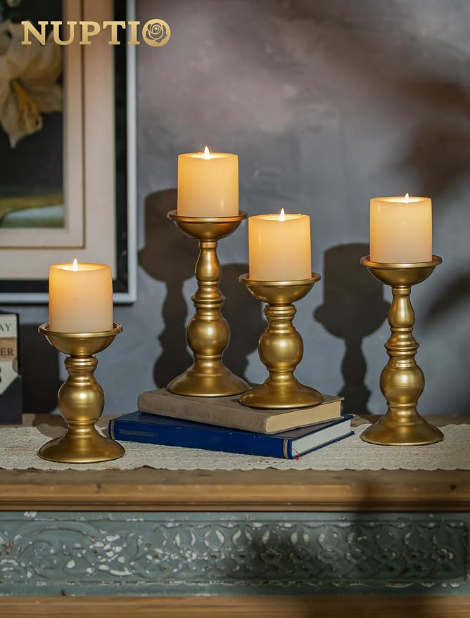 NUPTIO Gold Pillar Candle Holder: Brass Tall Stand for 3" Candles
