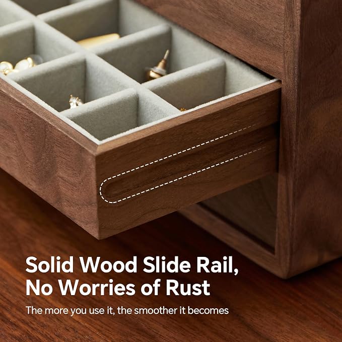 Wooden Jewelry Box for Women Men, 4 Drawers | Velvet Lined Organizer, Large, Solid Black Walnut Brass Handles, For Rings, Necklaces, Earrings