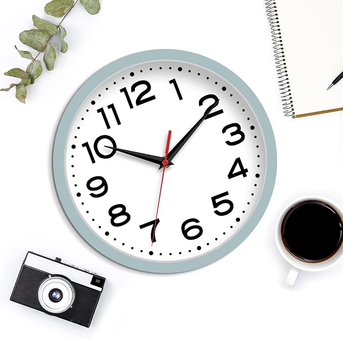 Roymnie 8 Inch Small Wall Clock, Battery Operated Silent Non Ticking | Blue Gray analog wall clock; bold numerals for easy reading; silent non-ticking; 1 AA battery (not included); for classroom