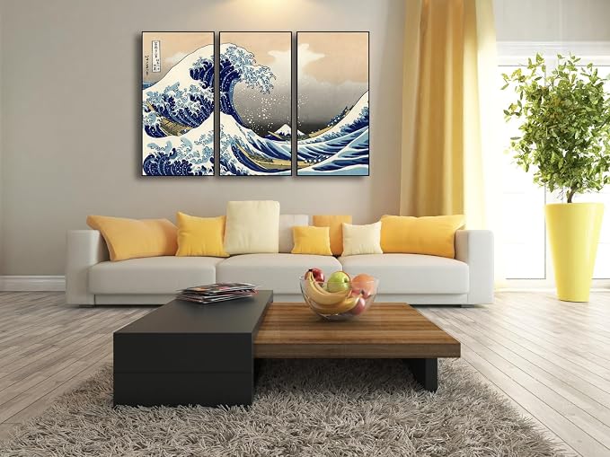 Wieco Art Large Black Aluminum Framed Art 3 Panel Great Wave of Kanagawa Katsushika Hokusai Canvas Prints Wall Art Abstract Seascape Paintings for Living Room Home Decorations