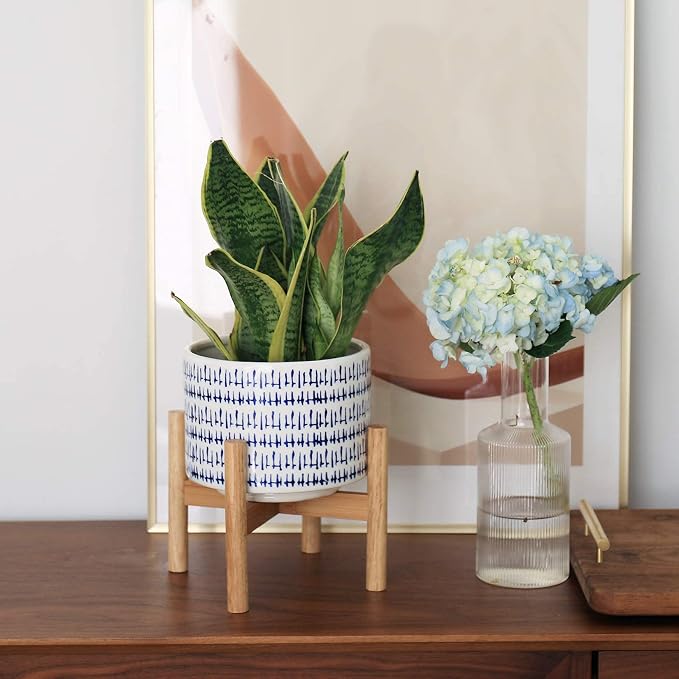 LA JOLIE MUSE Ceramic Planter with Wood Stand, 7.3 Inch Indoor Plant Pot