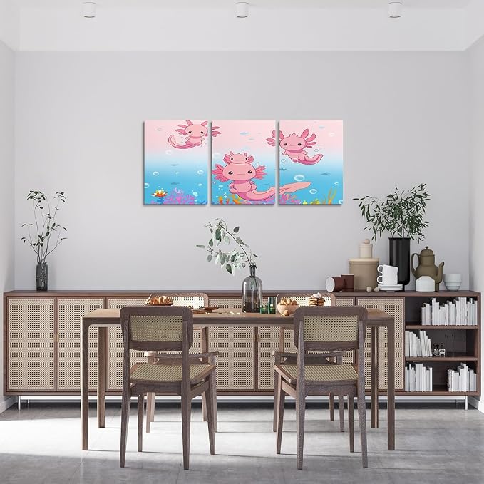 Feelyou Boys Girls Cute Axolotl Picture Wall Decor Ocean Sealife Canvas Wall Art for Living Room Bedroom Kids Cartoon Salamander Wall Painting Posters and Prints Kawaii Teens Wall Art 12"x16"x 3Pcs