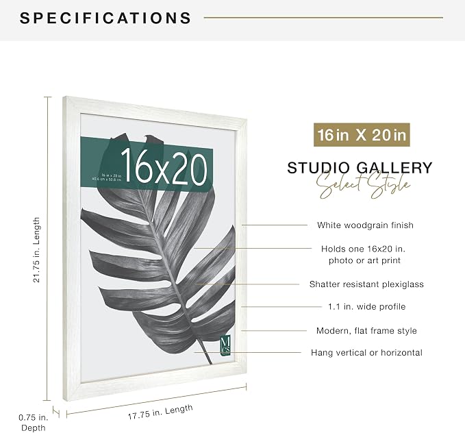 MCS Studio Gallery Poster Frame, 16x20, White Woodgrain, 1-Pack