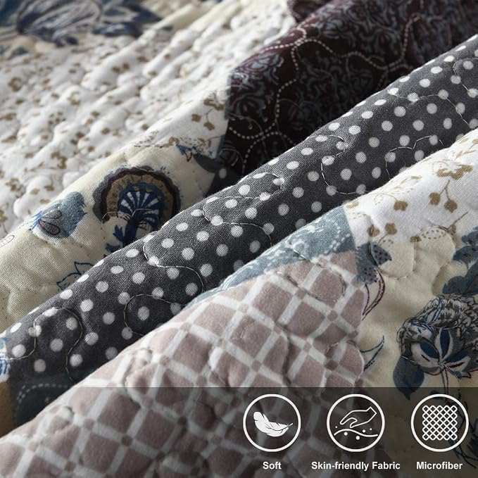 Travan 3-Piece Queen Quilt Set Quilted Bedspread Oversized Microfiber Lightweight Coverlet Set with Shams Reversible Printed Coverlet Bedding Set for All Season, Slate Blue, King Size