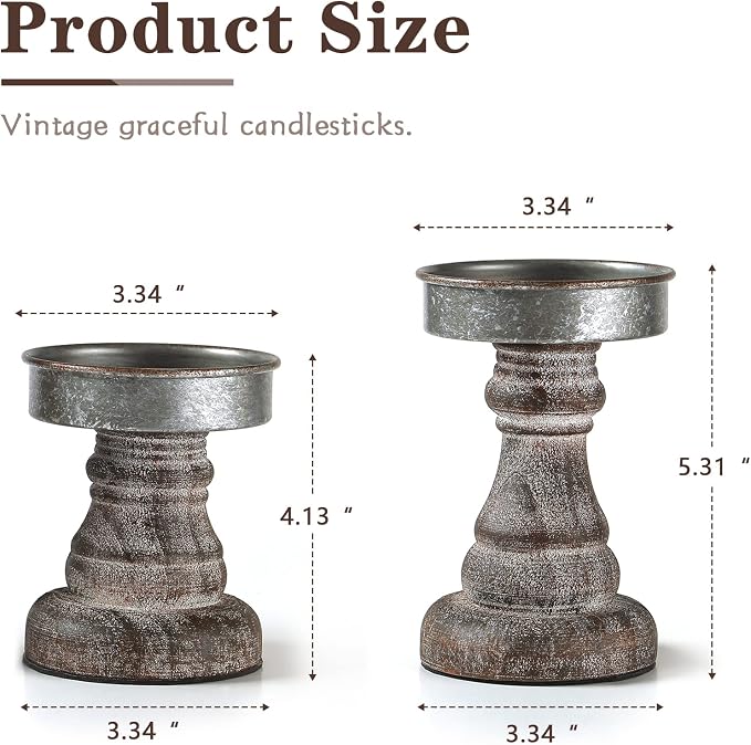 Distressed Wood & Metal Candle Holder, Set of 2 Modern Farmhouse Candlestick Holder, Farmhouse Table Decor, Rustic Decor for Mantel, Dining Table, Coffee Bar Centerpiece