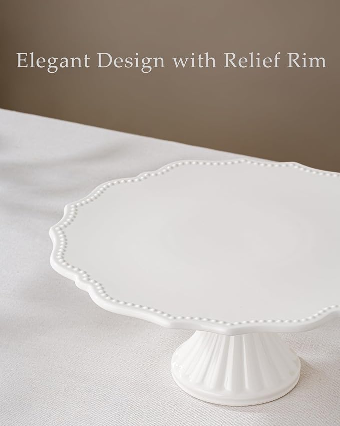12" Cake Stand, Relief Round Dessert Cake Stand for 8-10 Inch Cake | Ceramic Large Cupcake Stand for Birthday, Wedding, Baby Shower, Tea Party and Other Celebrations (White)