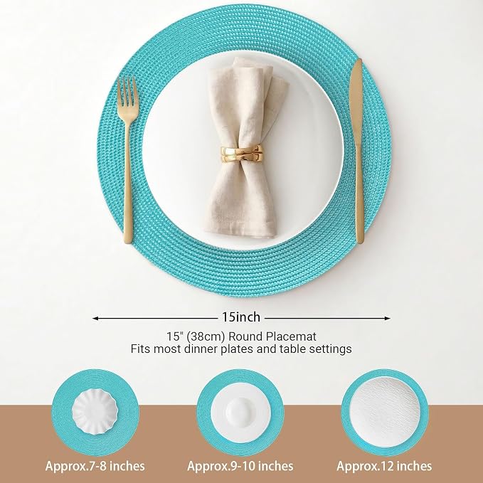 FunWheat Round Braided Placemats Set of 8 Place Mats for Dining Table Woven Washable Non-Slip Table Mats 15 Inch(Turquoise,8pcs)