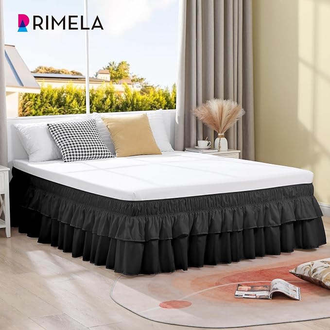 RIMELA Ruffle Bed Skirt Black Queen 15 Inch Drop, Elastic Wrap Around Bed Skirting Queen Size, Easy to Install Dust Ruffle, Machine Washable Soft Fabric, Multi Ruffle Bedskirt