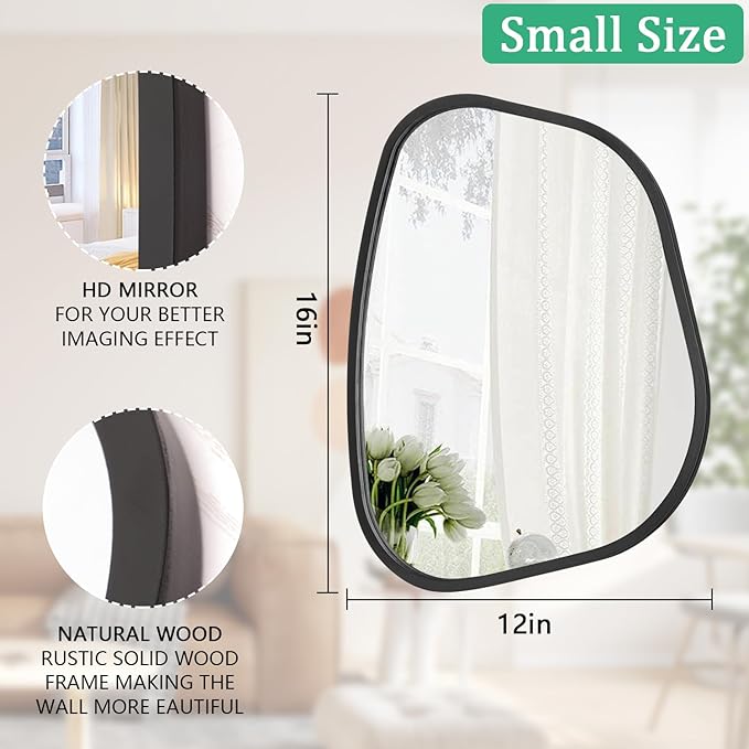 Black Asymmetrical Mirror Irregular Oval Wall Mirror Modern Wood Frame Unique Shape Wall Mounted Vanity Artistic Mirror Decorative for Living Room Bedroom Bathroom Entryway Large 16"x12"