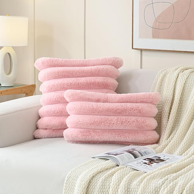 HAUSSY Pack of 2 Pillow Covers 16x16 Inch, Faux Fur Decorative Couch Throw Pillows Soft Striped Plush Cushion Covers Home Decor Cute Furry Pillowcase for Living Room Sofa Bed, Pink (Covers Only)