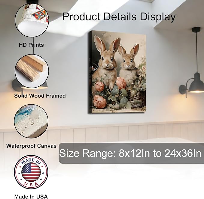 Rustic Bunny & Flowers Canvas Wall Art Framed Rabbit Canvas Prints Picture for Fireplac,Hallway, Farmhouse Spring Easter Wall Decor & Holiday Decoration for Bedroom Bathroom 16x24 In