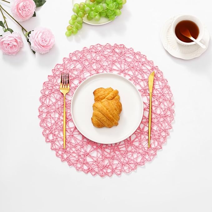IcosaMro Pink Round Placemats Set of 12 for Dining Table, 13 Inches Paper Woven Boho Small Decorative Circle Place Mat for Wedding Christmas Thanksgiving Day Holiday Dinner, Pink