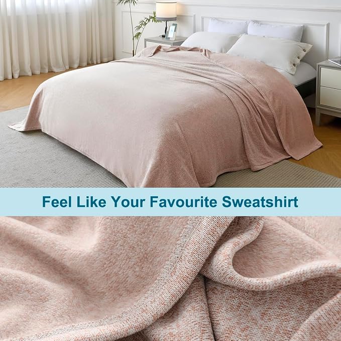 KAWAHOME Summer Sweatshirt Blanket for Bed Lightweight Soft Thin, 71" × 79" | Breathable Jersey Blankets for Hot Sleepers in Air-Conditioned Room, Home Decor Holiday Gift, Heather Pink