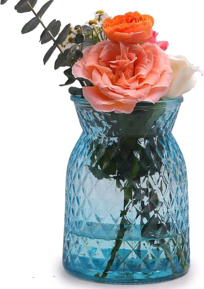 OFFIDIX Glass Vase, 6.2*3.5in Blue Large Mouth Geometric Decor Flower Vase | Decorative Modern Glass Vase, Geometric Faceted Design, Wide Mouth Vase for Centerpieces Weddings Office Housewarming Gift