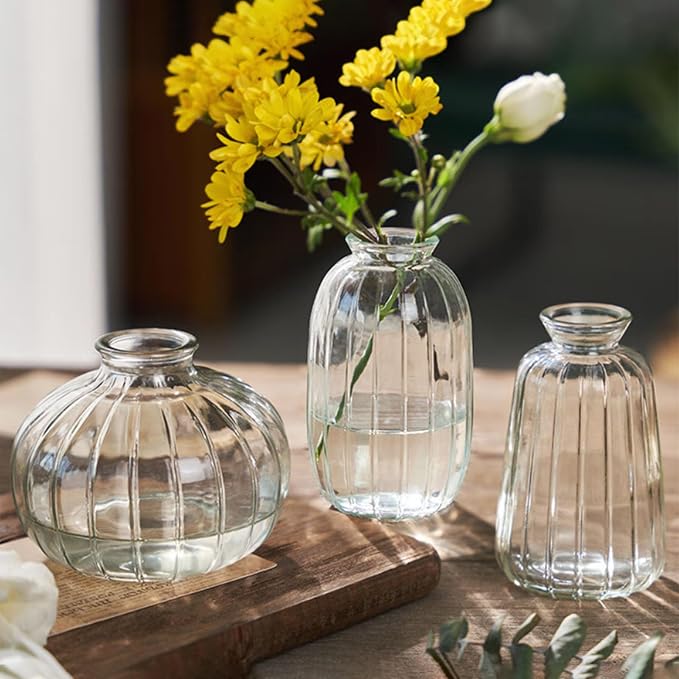 Glass Bud Vases Set of 3, Small Flower Vases in Bulk, Mini Ribbed Vases for Centerpieces, Clear Vintage Vase for Table Decorations, Wedding, Party, Receptions, Home Decor (Clear)