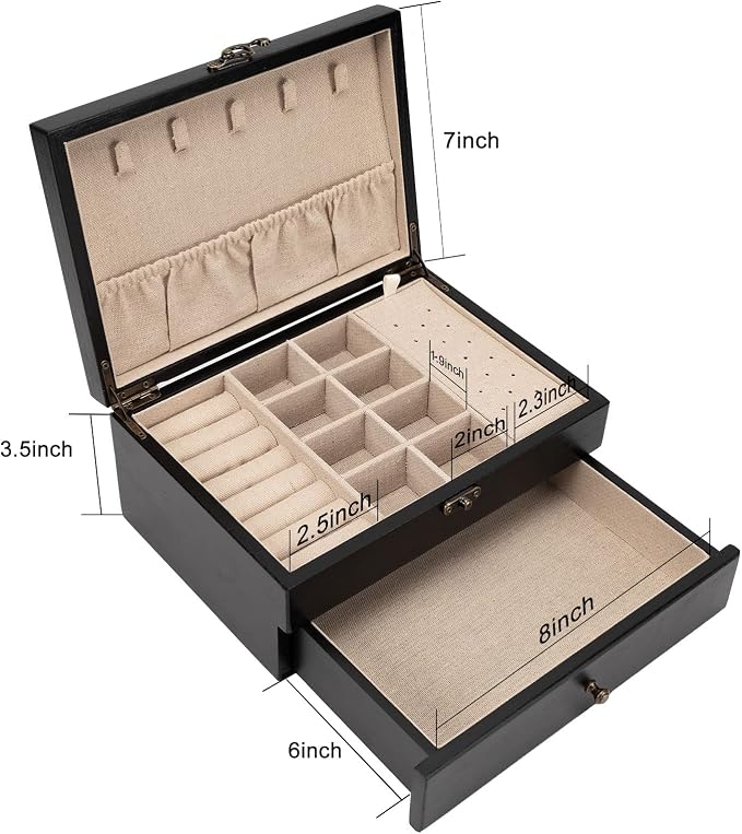 Pinzoveco Jewelry Box for Women, Rustic Wooden Jewelry Organizer Box for Storage Earrings Rings Necklace Bracelet, Farmhouse Style Wood Jewelry Boxes & Organizers (Black)