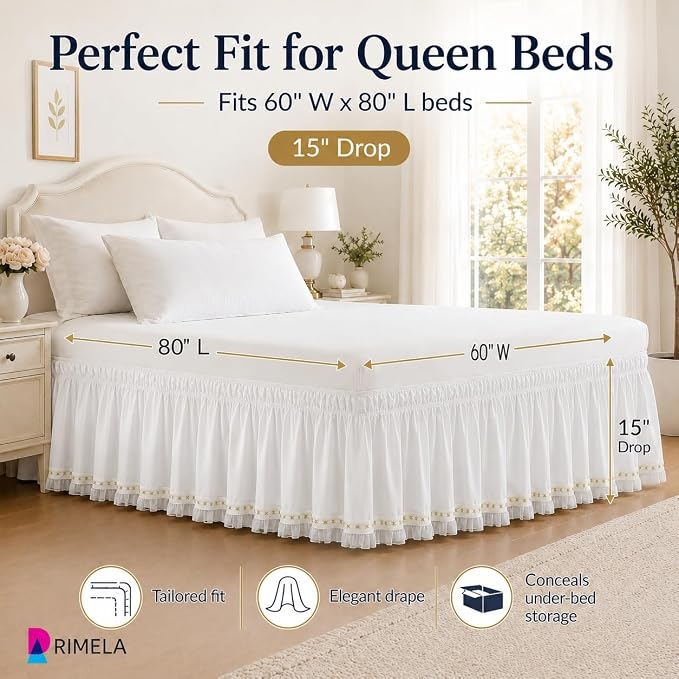 Lace Trim Bed Skirt Queen 15" Drop, Elastic Wrap Around Bedskirt | Solid Ruffled, Easy to Use, No Mattress Lifting, Wrinkle & Fade Resistant, with Adhesive Strips, Machine Wash/Dry/Iron