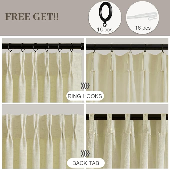 Extra Long Pinch Pleated Sheer Linen Blend Curtains Light Filtering, 40X102 | Living Room, Semi Sheer, Pinch Pleat, with Hook Rings, Ceiling to Floor, Memory Shape, FarmhouseGrey Beige, 2 Panels
