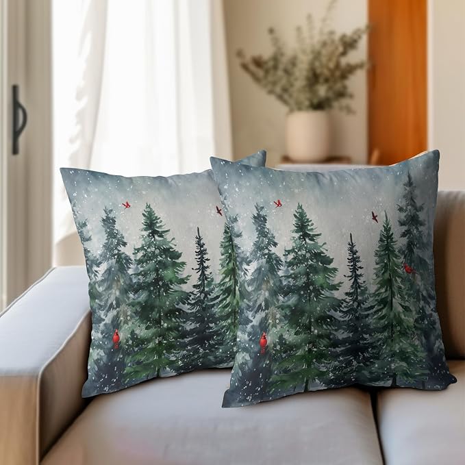 Green Tree Throw Pillow Covers Winter Snowy Forest Pillowcase 18x18 inch 2 PCS Nature Landscape Red Bird Decorative Cushion Cover for Home Patio Sofa Bedroom