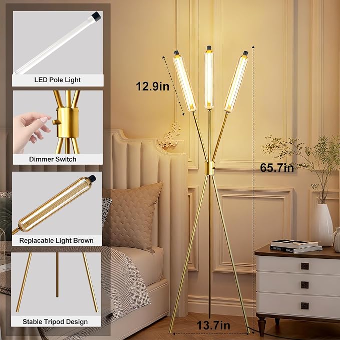 Lightdot LED Tripod Floor Lamps for Living Room, Stepless Dimmable Modern Standing Tall Lamp with 360° LED LampHead,Mid Century Industrial Floor Lamp for Bedroom/Sofa Beside/Corner Decor-Gold