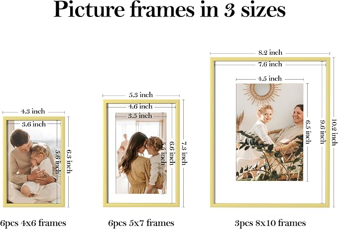 eletecpro Aluminum Gallery Wall Frame Set of 15 with Glass Cover, Gold | Including 3Pcs 8x10, 6Pcs 5x7, 6Pcs 4x6 Photo Frames, Multiple Sizes Picture Frames Collage Wall Decor or Tabletop Display