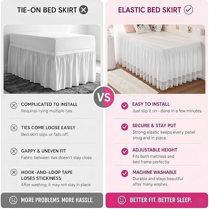 RIMELA Tassel Trim Dorm Bed Skirt Twin XL 36 Inch Drop, Wrap Around Elastic Dust Ruffle Easy to Install, Bedskirt Solid Silky Fabric Machine Washable, Bedroom Decor
