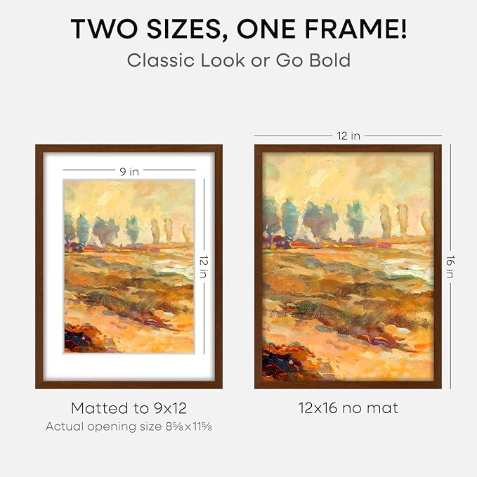Homeforia 12x16 Brown Oak Picture Frame, High-End Wood, 9x12 Mat, Glass