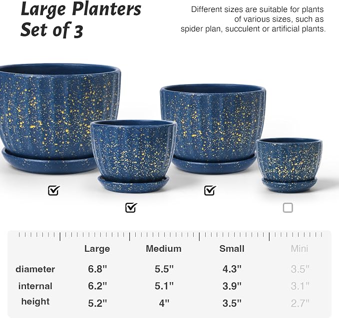 4/5/6 Inches Ceramic Plant Pots with Drainage Holes and Saucer Set of 3 | Round Planter for Small Indoor/Outdoor Plants with Modern Stripes Design, Blue with Gold Dot, Decorative Flower Pots