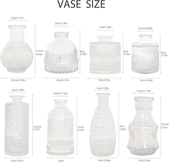 8 Pcs Glass Bud Vases Clear Vintage Small Flower Vases for Table Decor