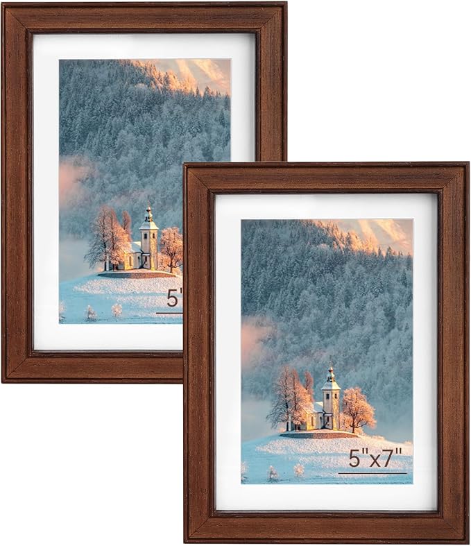 SNAPSHOT 5x7 Picture Frame, Natural Walnut Wood Photo Frame Set with Real HD Glass for Pictures 4x6 with Mat or 5x7 Without Mat, Gallery Poster Frame for Wall or Tabletop - 2Pcs