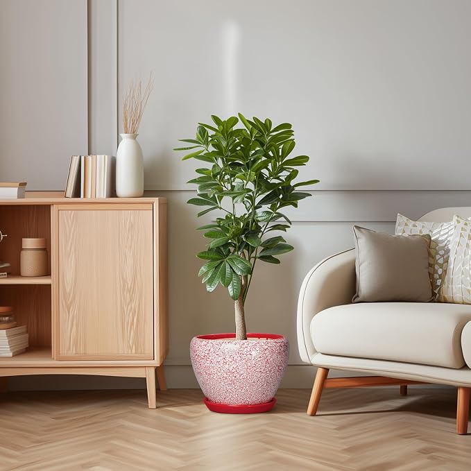 10 Inch Pots for Plants, Ceramic Planter Pots, Crackle Red | Decorative Planter with Drainage Hole and Saucer, Modern Flower Pot for Indoor Plants, House Decor, Plant Lover Gifts